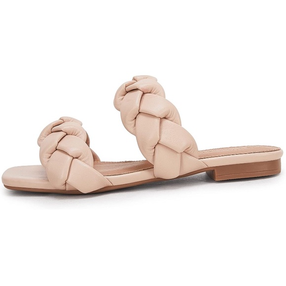 NEW / Two Strap Braided Sandals / Square Toe / Flat Heel / Nude Sandal - Picture 5 of 6